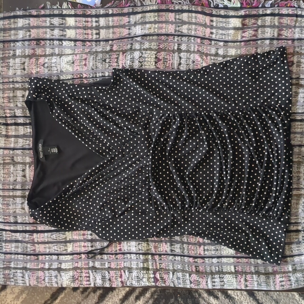 White House Black Market Sleeveless Shirred Surplice Polka Dot Shell Top Size L